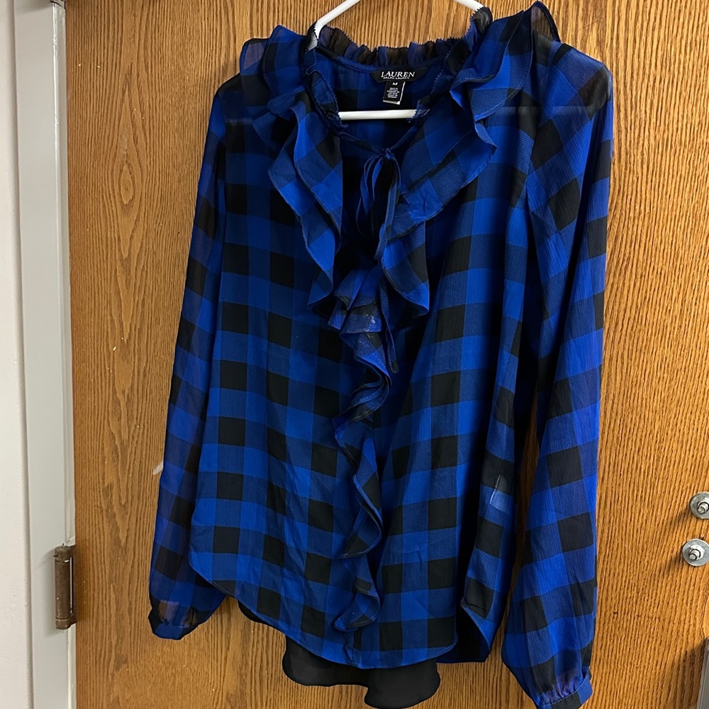 Polo Ralph Lauren Blue and Black Checkered Ruffle Blouse